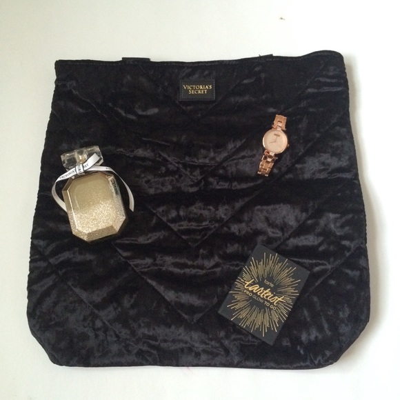 NWT(OS) Victoria’s Secret Crushed Velvet Tote Bag Chevron Quilted Black Velour - Picture 3 of 7